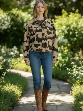 Cropped Cow Print Tan and Black Button-Up Jacket - Women’s XS Fits up to medium